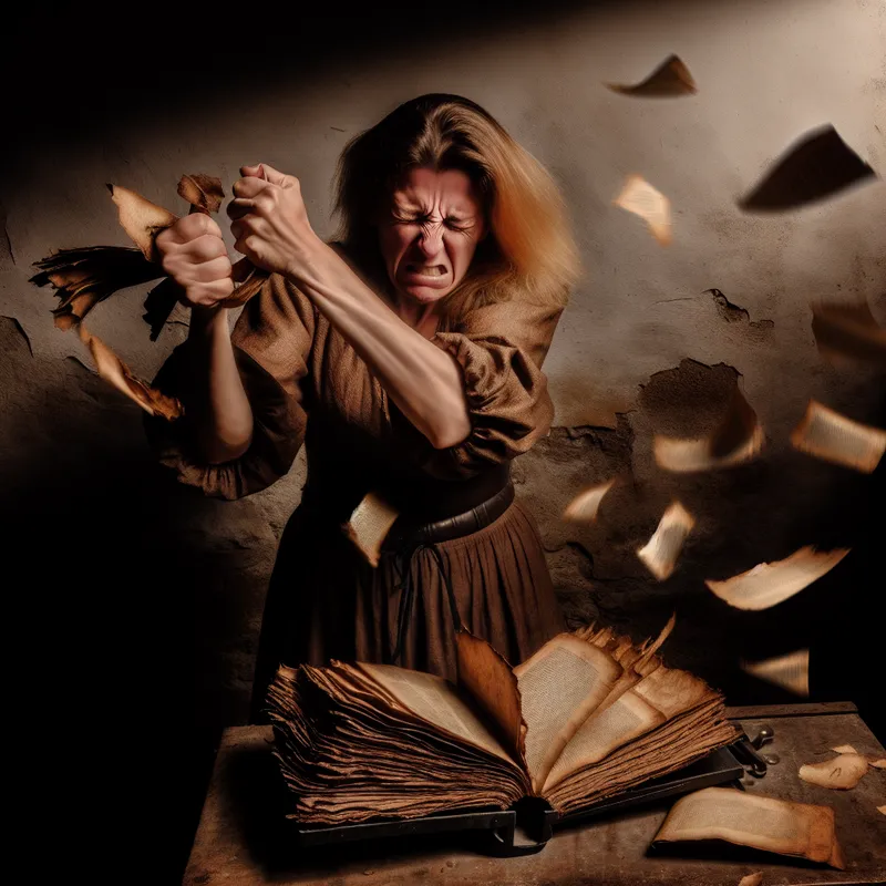 Een persoon in een dimverlichte werkplaats die met beide handen een oud boek doormidden scheurt, met pagina's die door de lucht vliegen.