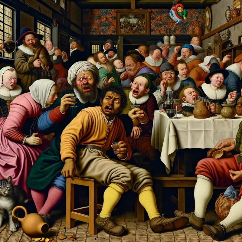 Een man met een verdrietige uitdrukking ontdekt een vriend die tegen hem samenzweert in een levendige Nederlandse interieuropstelling.