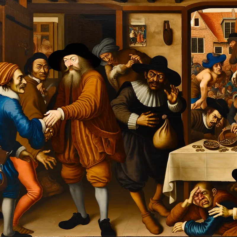 17e-eeuwse Nederlandse taverne-scène van Jan Steen met een man die zijn vriend verraadt voor geld, terwijl een sportwedstrijd met vals spel op de achtergrond te zien is