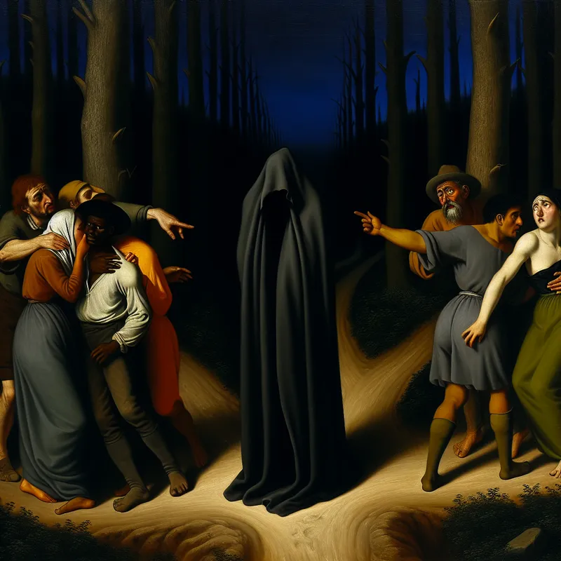 Een eenzame persoon in een donkere, gloomy bosomgeving, gekleed in een schuilende cloak, staat bij een kruispunt en kijkt weg van een groep bevriende maar bezorgde mensen, symboliserend verraad en lafheid.