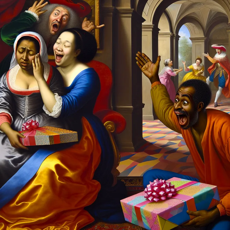 Barokke scène van vrouw die met vreugde verrassend nieuws ontvangt