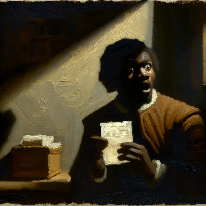 Student in een kleine, schemerige kantoorruimte die verrast kijkt naar een ontvangen briefje, weergegeven in Rembrandt-stijl.