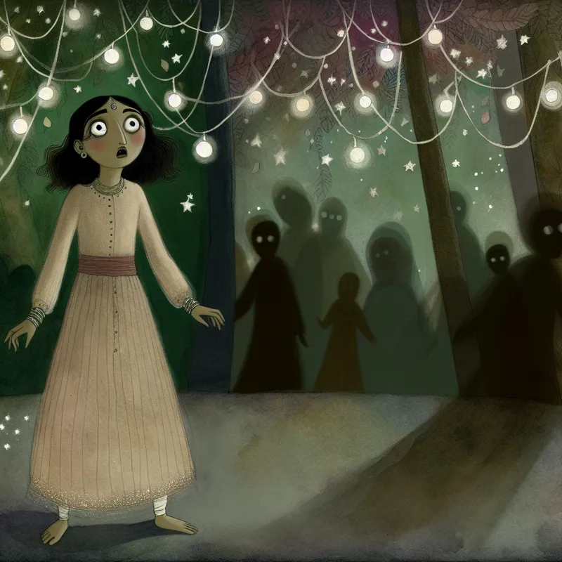 Een jonge vrouw in een betoverd bos met een geschrokken uitdrukking, omringd door hangende fairy lights.