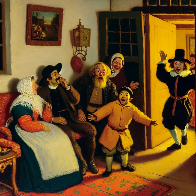 Verraste familie in een gezellige woonkamer met een kind dat een grootmoeder ontmoet.