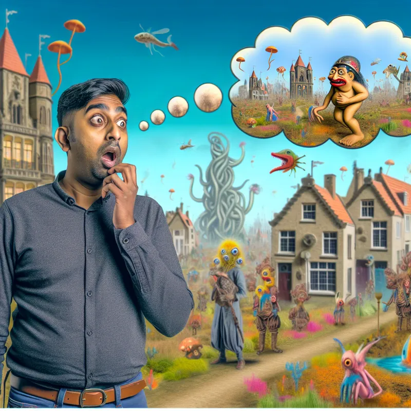 Een persoon in een middeleeuws dorpsscène kijkt verbaasd naar een gedachtewolk vol bizarre wezens, in de stijl van Bosch.