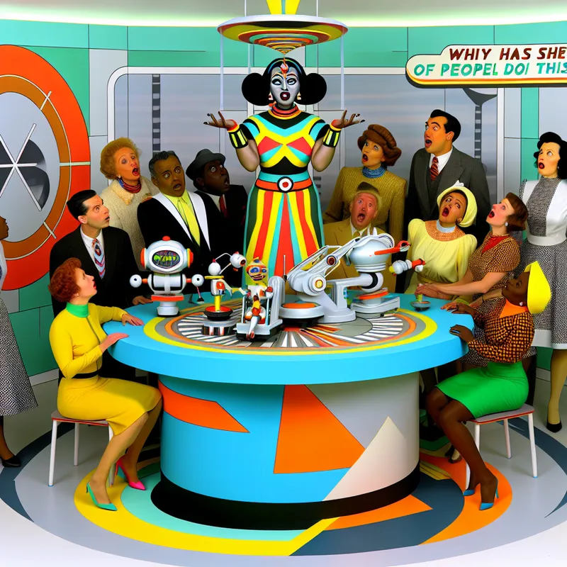 Groep van verbaasde mensen rondom een tafel vol futuristische gadgets, terwijl een vrouw dressed in een eccentric outfit kleurrijke robots jongleert.