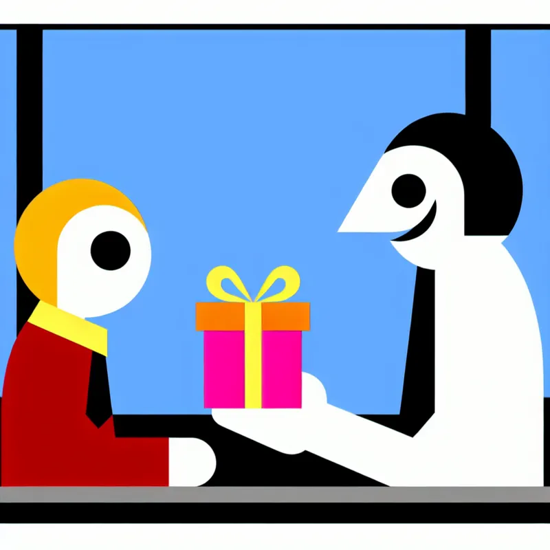 Verrassingsmoment op kantoor: een blije medewerker ontvangt een kleurrijk cadeautje van haar glimlachende baas in minimalistische Dick Bruna-stijl