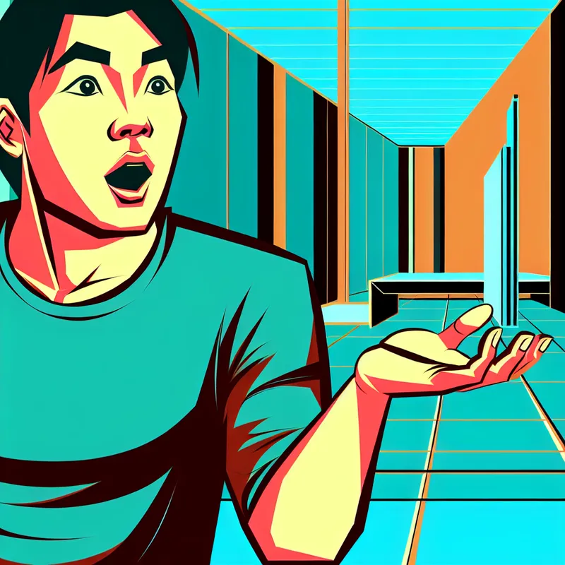 Illustratie van een verraste persoon in een minimalistische, geometrische ruimte met felle kleuren, die verbazing uitdrukt met de uitroep 'Hé, wat doe jij hier?'