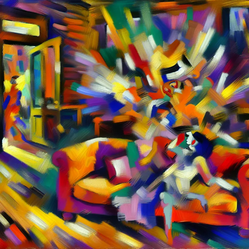 Abstracte abstractie van een verrassingsbezoek met vrolijke kleuren en dynamische penseelstreken in een woonkamer.