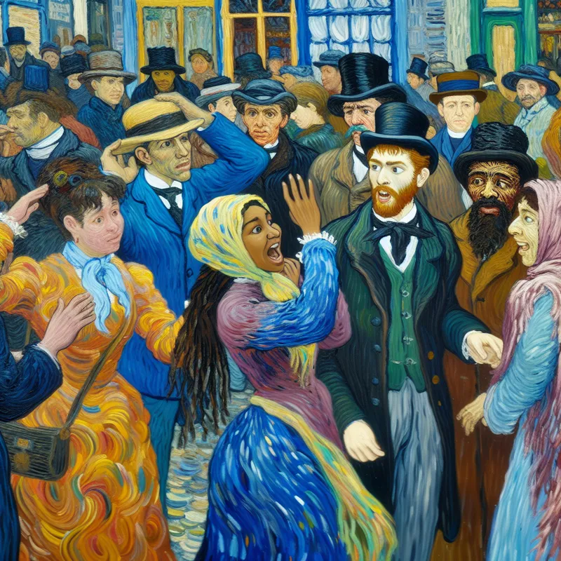 19e-eeuwse markt met verraste ontmoeting, in Van Gogh-stijl