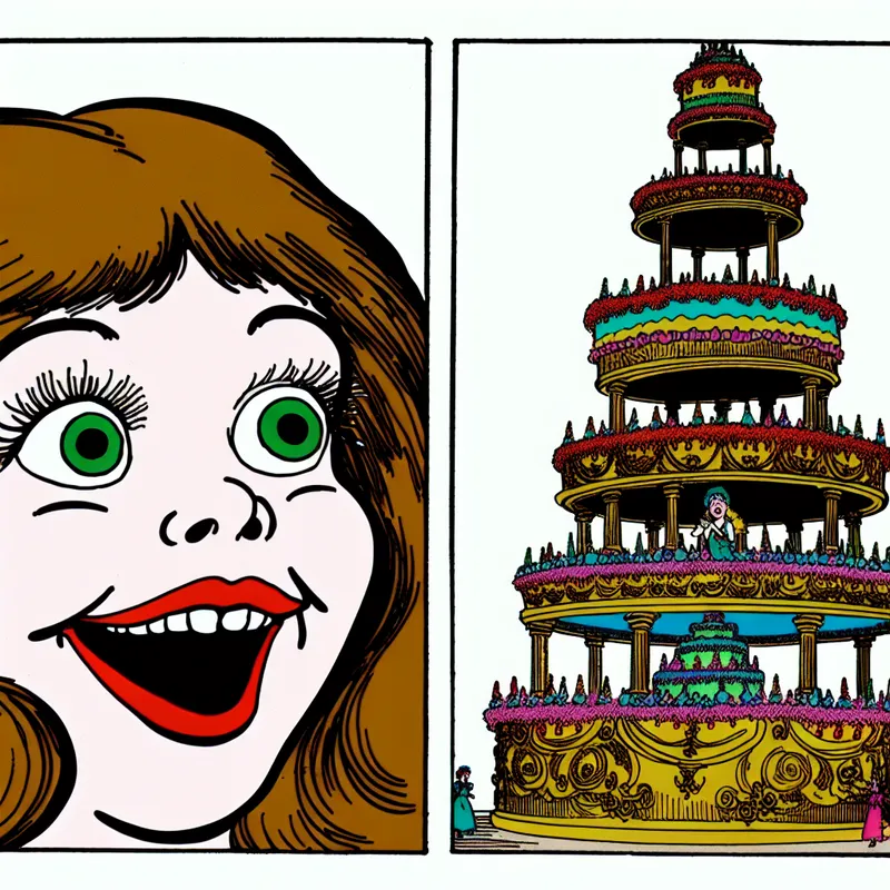 Verraste jonge meisje met grote taart in Marten Toonder-stijl