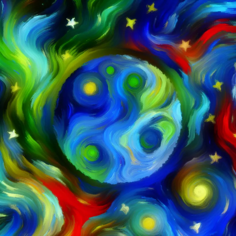 Abstracte voorstelling van een verre aarde-achtige planeet met kleurrijke, expressieve penseelstreken en speelse kosmische elementen