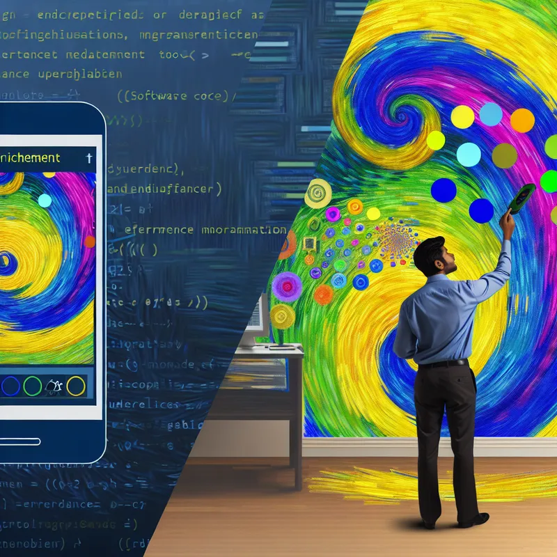 Een persoon past smartphone-instellingen aan met kleurrijke iconen die de veranderingen vertegenwoordigen in een dynamisch kantoor.