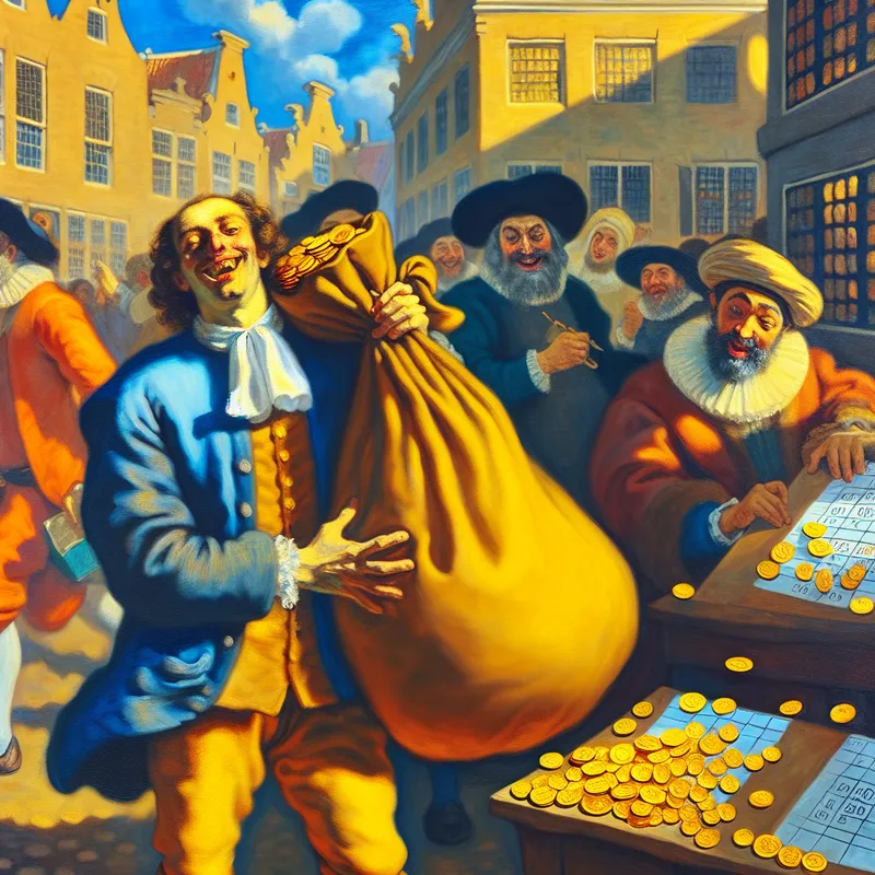 17e-eeuwse Nederlandse marktscène met een blije koopman die een zware geldbuidel ontvangt, goudstukken glinsteren in het zonlicht, omringd door grootboeken en goedkeurende bankiers
