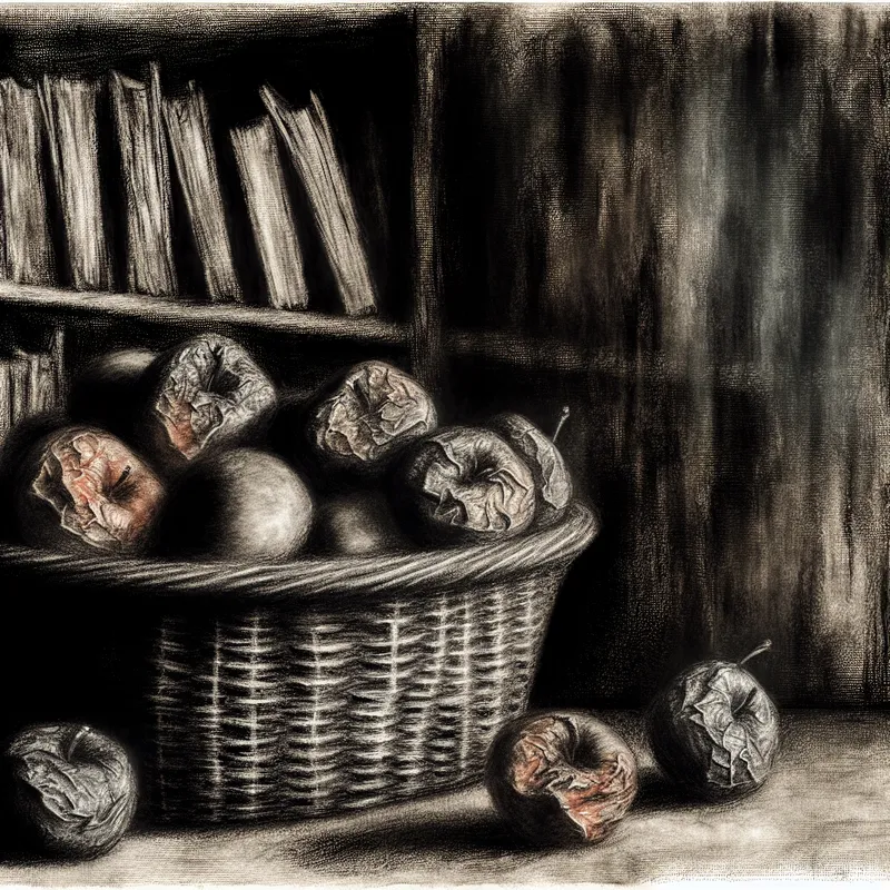 Een mand met verrotte appels met een vochtige schil, geplaatst in een duistere, gotische keuken vol schaduwrijke hoeken.