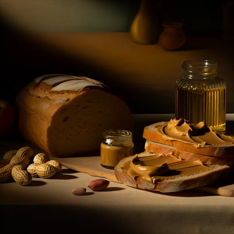 Vers gesneden broden met een dunne laag romige pinda-boter en een glazen pot pinda-olie ernaast, tegen een warme achtergrond