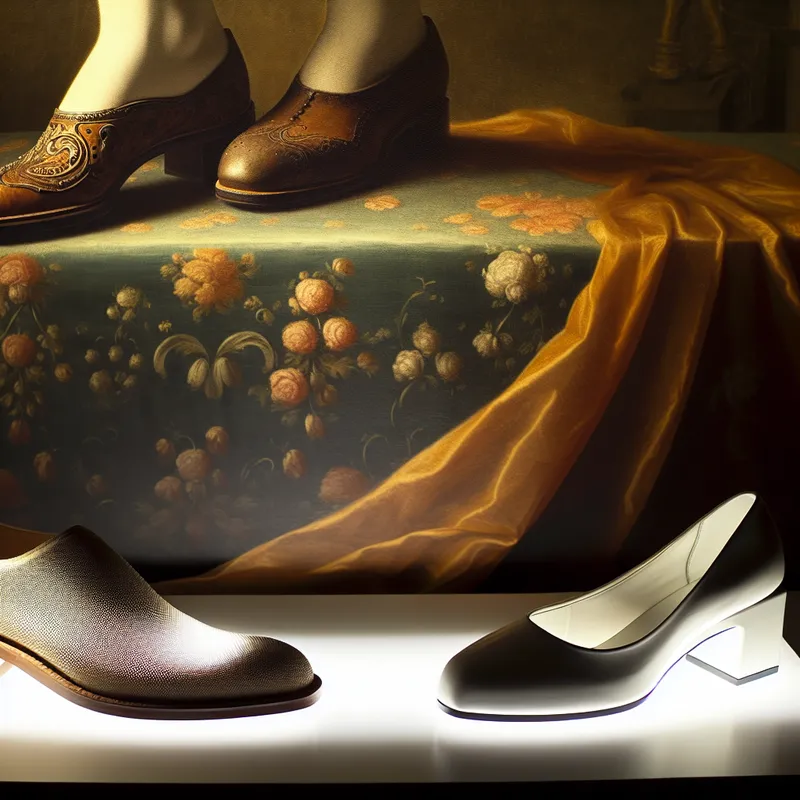 Twee paar schoenen van verschillende merken op een delicate display tafel, waarbij het ene paar ornately is ontworpen en de andere meer basic is.