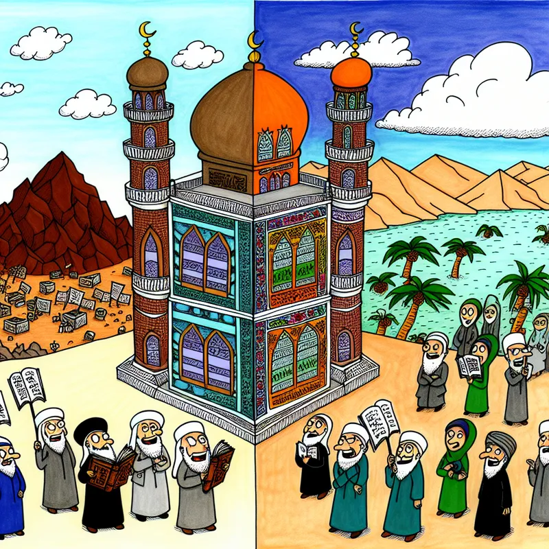 Cartoon van twee moskeeën naast elkaar die verschillende interpretaties van de islamitische wetten (Sharia) laten zien, met een strenge imam in Saoedi-Arabië en een vriendelijke imam in Indonesië