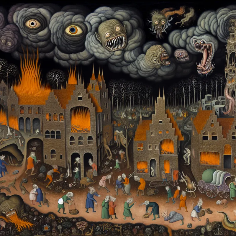 Surrealistisch nachtelijk tafereel van een verschrikkelijke ramp met brandende huizen, lijdende dorpelingen en monsterlijke wezens in de stijl van Hieronymus Bosch