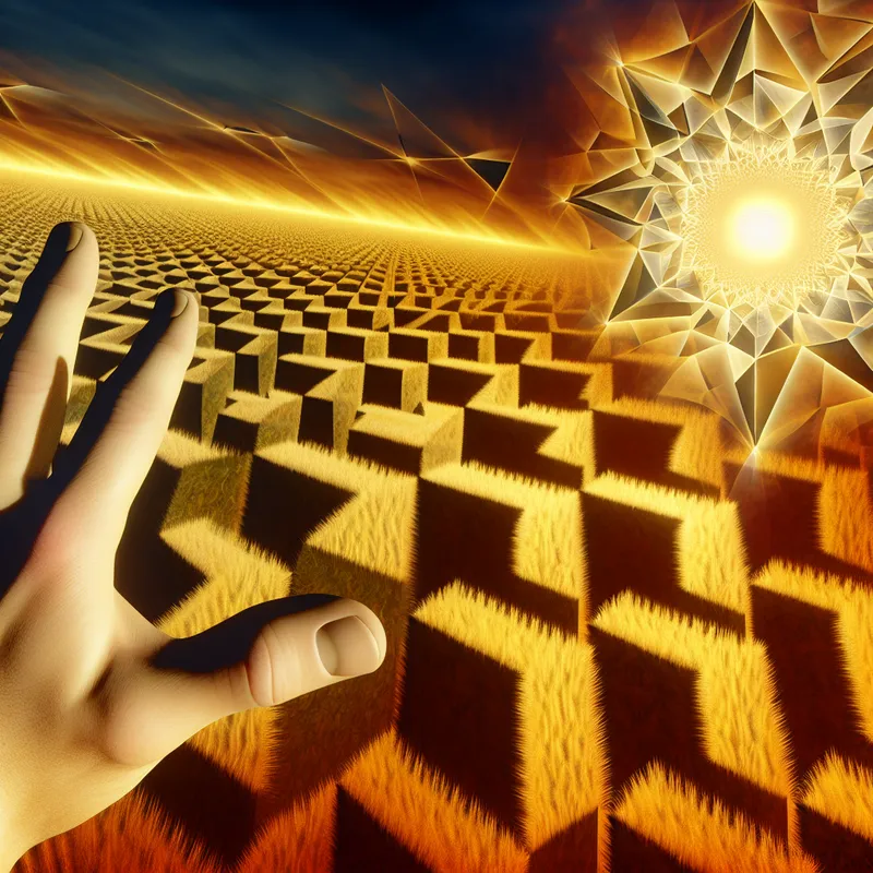 Surrealistische illustratie van een hand die een gloeiende geometrische pan aanraakt in een door hitte verschroeid landschap, geïnspireerd op M.C. Escher