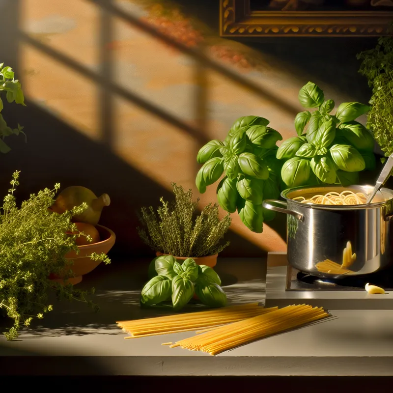 Keuken aanrecht met verse kruiden zoals basilicum en tijm, onder warm zonlicht, met een pan pasta op het fornuis.