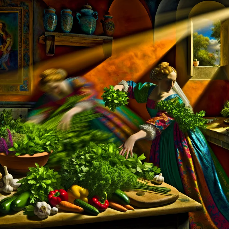 Vrouw die verse kruiden voorbereidt voor een kleurrijke salade in een warme keuken