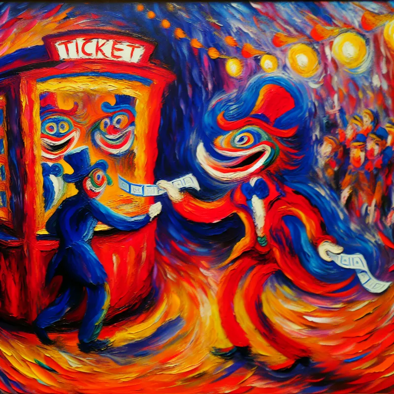 Abstracte voorstelling van een sluwe figuur die stiekem kaartjes wegneemt bij een loket, in felle kleuren en dynamische penseelstreken