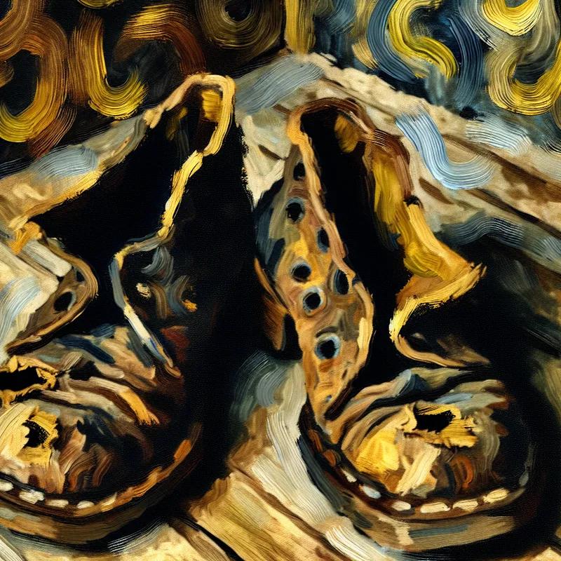 Schilderij in Van Gogh-stijl van een paar versleten schoenen met gaten en rafels op een houten vloer