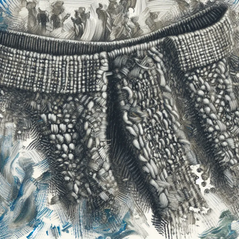 Abstract expressionistische illustratie van een versleten broekspijp met verdichte vezels door veelvuldig gebruik, concept 'slijten'