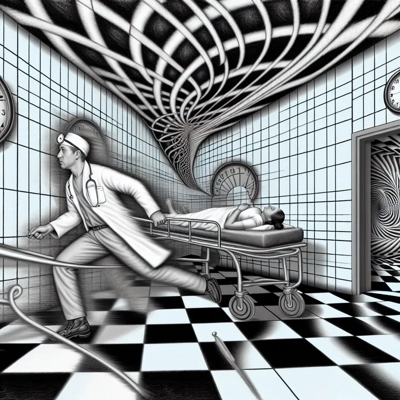 Surrealistische ziekenhuisscène in M.C. Escher-stijl met een haastige arts die een proces versnelt, met optische illusies van snelheid en geometrische patronen