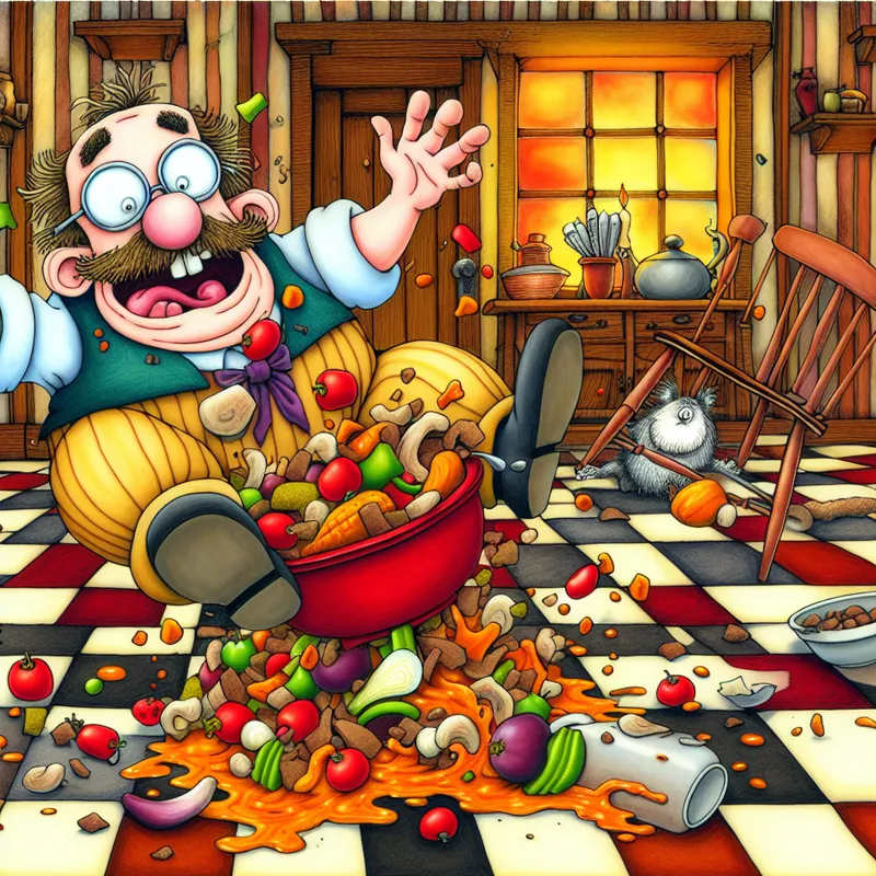 Cartoonachtige keukenscène waarin een onhandig persoon per ongeluk een bord met eten omstoot en verspilt, met etensresten en saus op de vloer