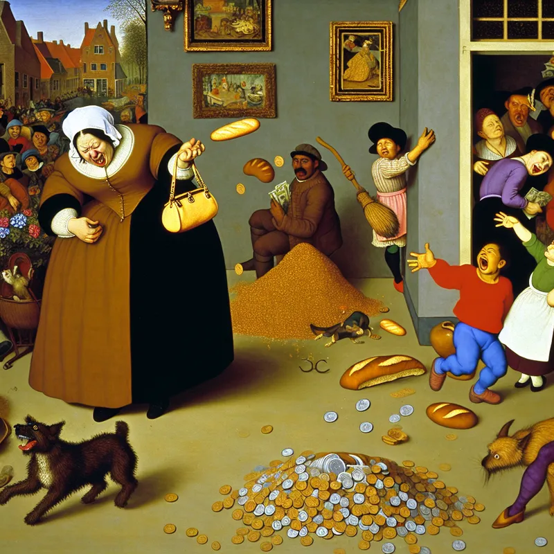Chaotisch Nederlands huishouden in de stijl van Jan Steen, waarin geld en voedsel verspild worden