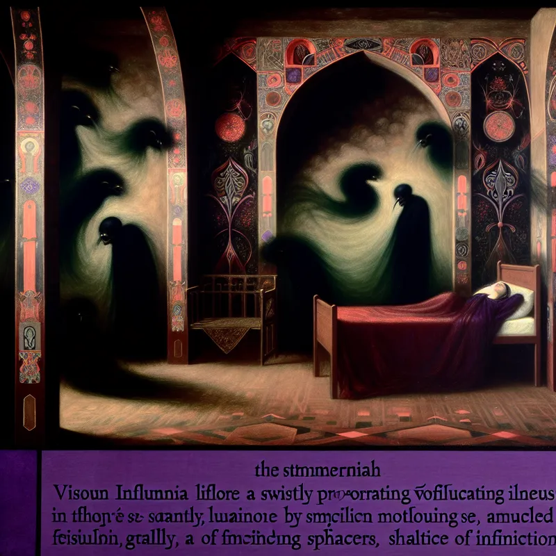 Een zwakke en koortsige figuur op een bed in een donkere kamer met dreigende schaduwen, omgeven door helse, donkere figuren die de verspreiding van een ziekte symboliseren.