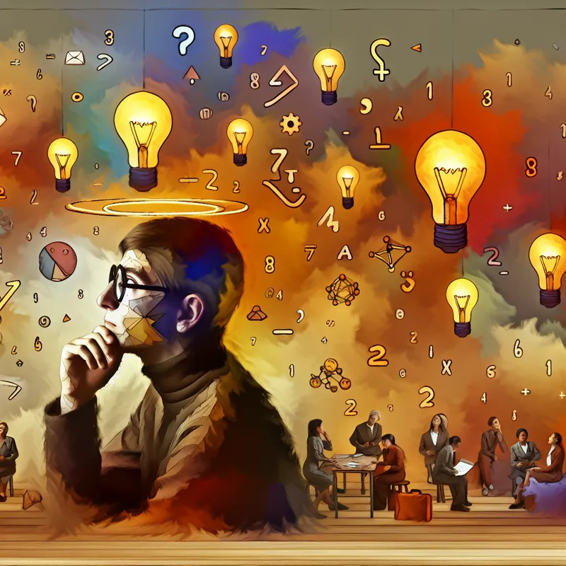 Gedetailleerde scène in de stijl van Jan Steen met een persoon die diep nadenkt, omringd door zwevende wiskundige symbolen en gloeiende lampjes als teken van ideeën en verstand gebruiken