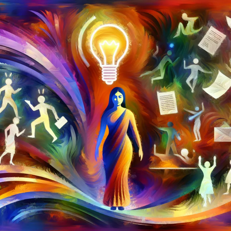 Abstracte compositie van een figuur die wijsheid uitstraalt met een gloeilamp boven het hoofd, omringd door chaos.