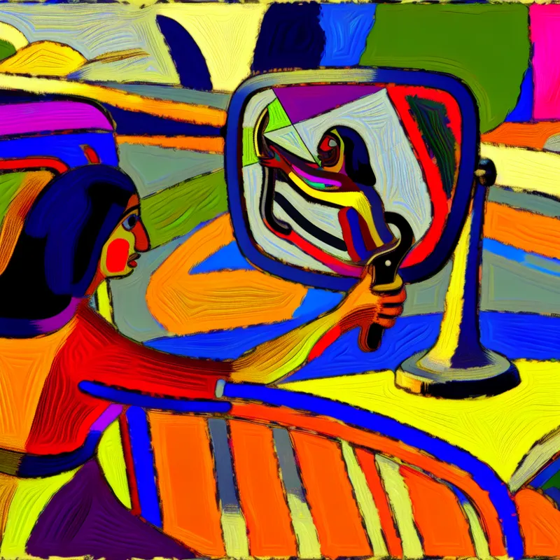 Abstract kleurrijke afbeelding van een persoon die een dynamische spiegel in een levendige auto-instelling aanpast, met een reflectie van de weg.