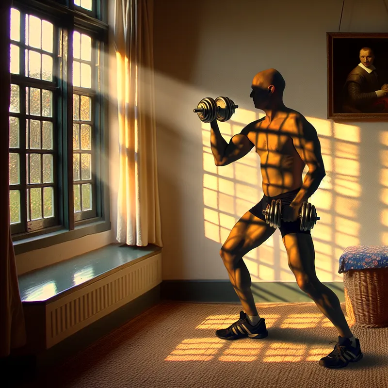 Gedetailleerde Vermeer-stijl schilderij van een gespierde persoon die met halters traint in een zacht verlichte kamer, symbool voor versterken en kracht opbouwen