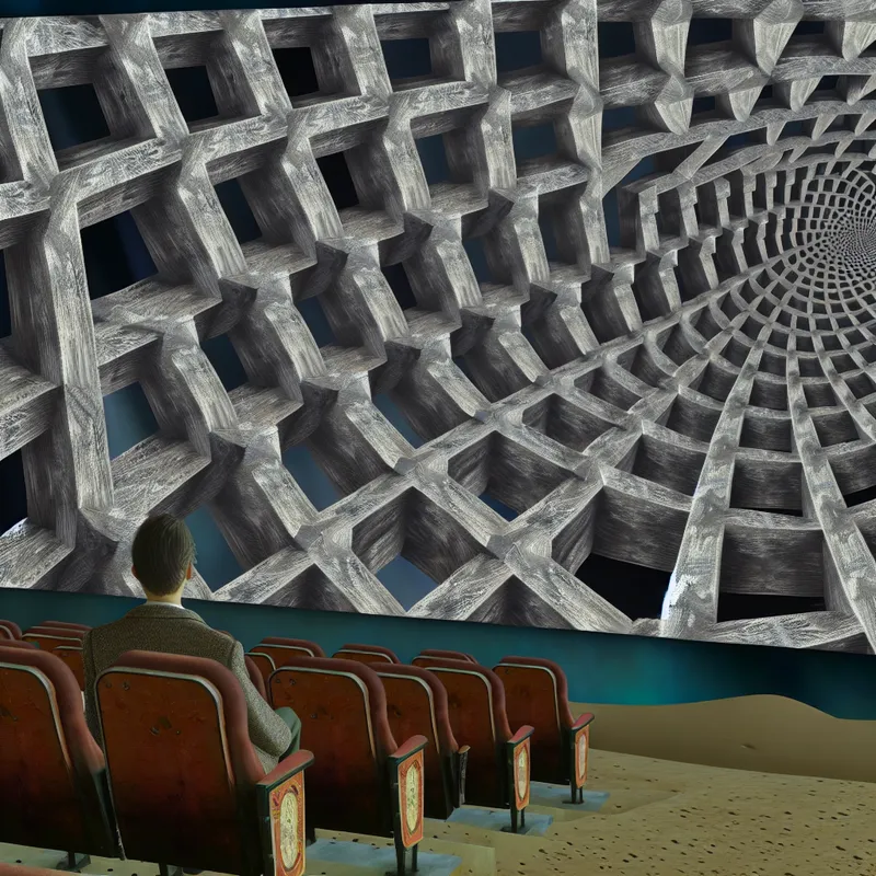 Surrealistische bioscoopscène met hypnotiserend saai scherm en verveelde persoon, illustratie van extreme verveling als versterker in spreektaal