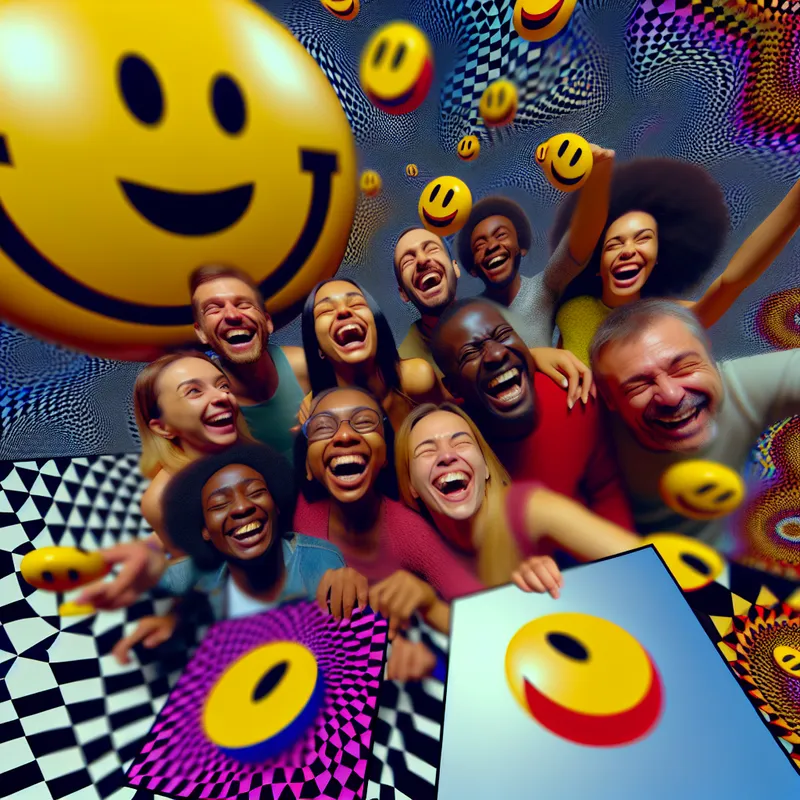 Surrealistische vriendengroep in een onmogelijke geometrische ruimte met versterkte vreugde en optische illusies in de stijl van M.C. Escher