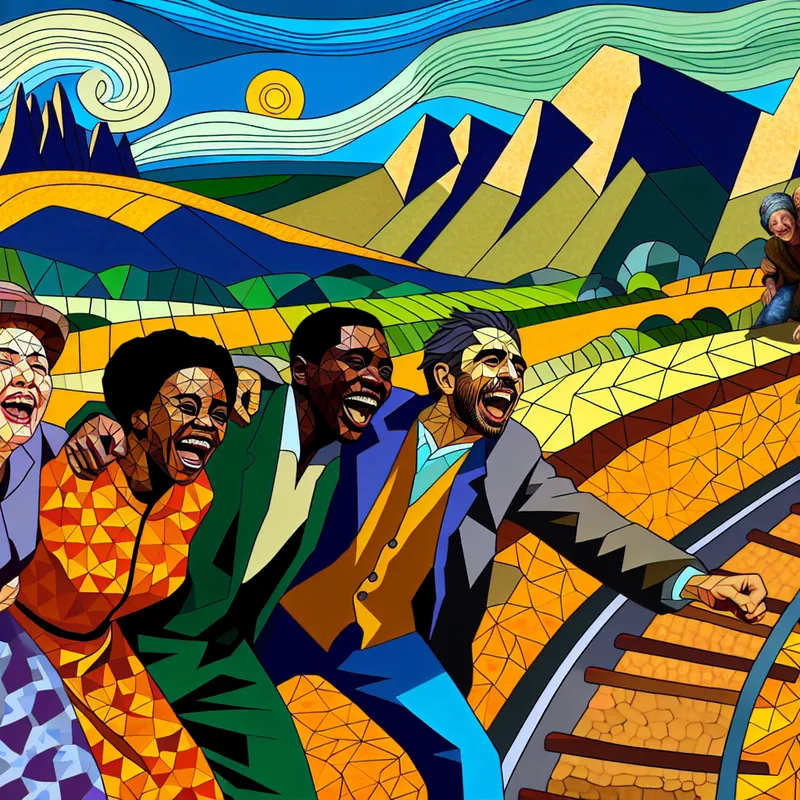 Diverse vrienden verkennen samen een kleurrijk landschap, lachend en genietend van hun vriendschap, in retro-futuristische stijl.