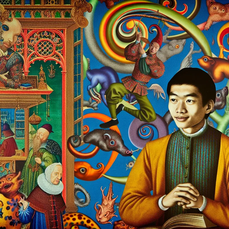 Een jonge figuur sluipt stilletjes weg uit een wonderlijke kamer vol bizarre wezens, terwijl een leraar verdiept is in een verwarrende taak.