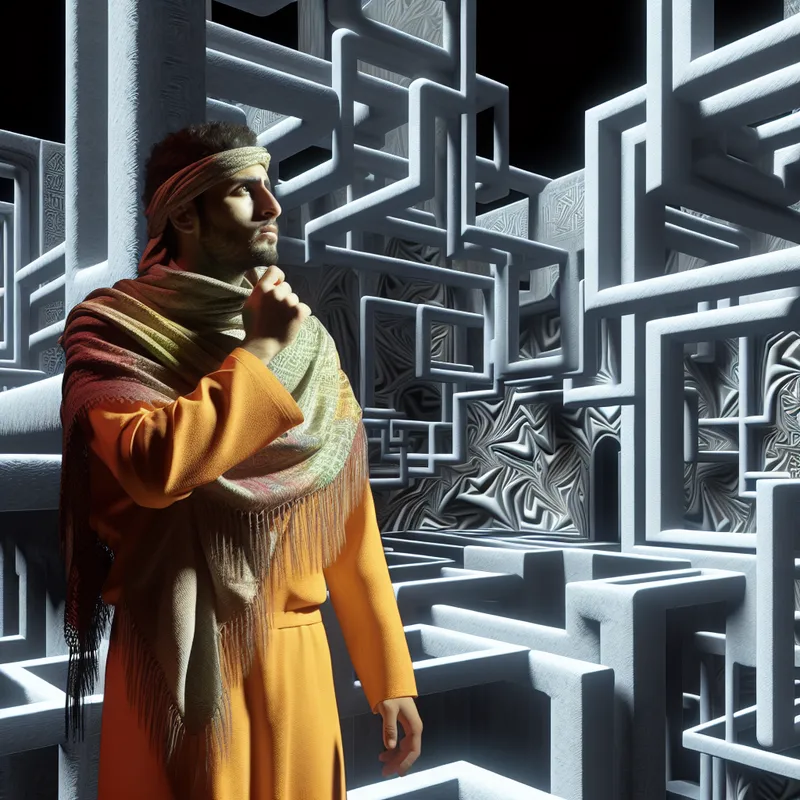 Een hyper-realistisch beeld van een persoon die verstrikt is in een complexe en surrealistische omgeving, met labyrinthachtige architectuur en intrikate details.