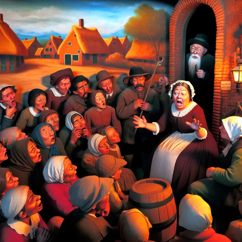 Een groep mensen luistert gefascineerd naar een verteller in een rustieke Nederlandse omgeving, met verschillende gezichten van schok en verdriet.