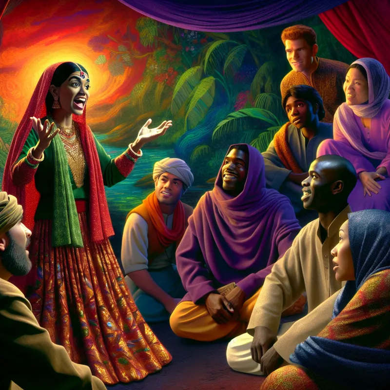 Een verteller die een groep vrienden boeit met een fantasieverhaal in een Barokke setting.