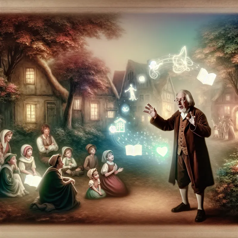 Een verteller in een betoverende vintage setting, omringd door geïnteresseerde kinderen en volwassenen, die een verhaal vertelt in een dorpsplein.