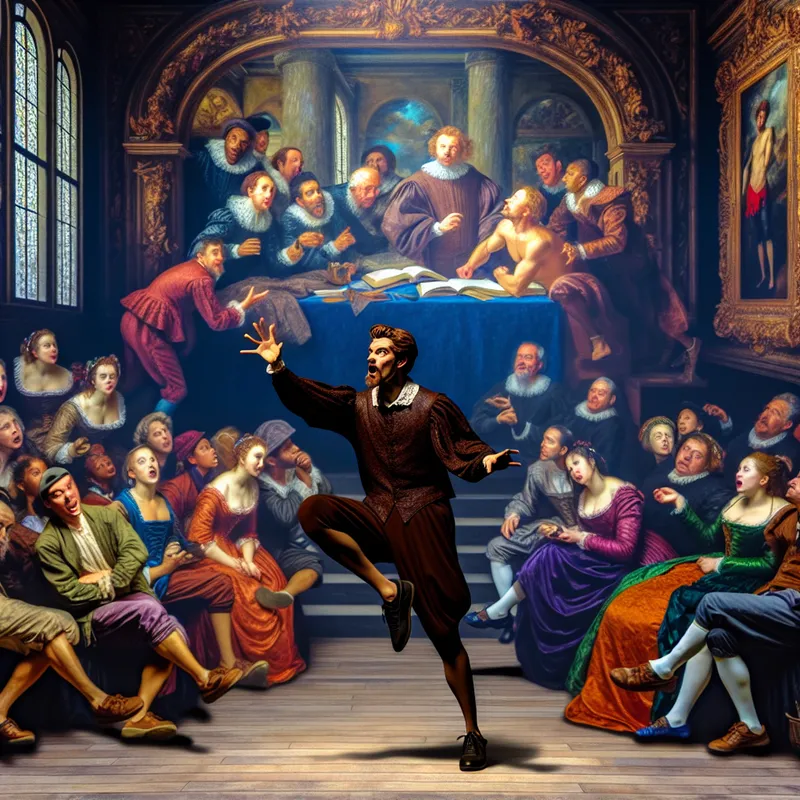 Een charismatische verteller deelt een verhaal met een diverse groep luisteraars in een kleurrijke klaslokaal.