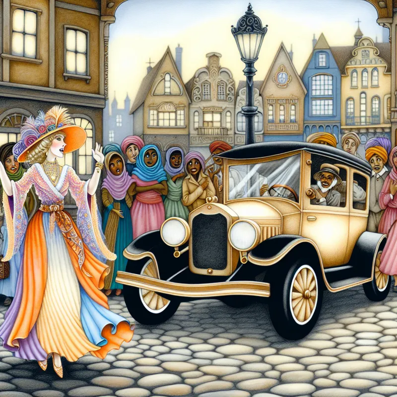 Persoon maakt indrukwekkende vertoning met glanzende vintage auto in nostalgische stadsscène, omringd door bewonderende toeschouwers