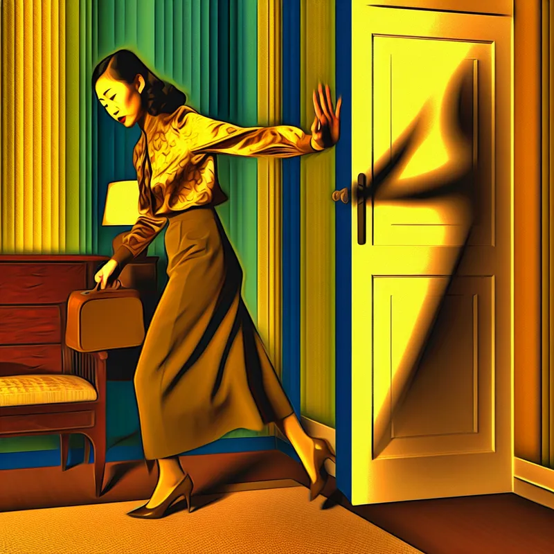 Illustratie van een persoon die boos een retro woonkamer verlaat, met uitgestrekte arm en gefrustreerde blik, in een stijl geïnspireerd op Jan van der Veken