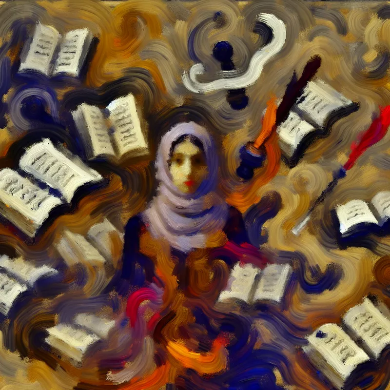 Abstract expressionistische voorstelling van een vrouw omringd door Nederlandse literaire elementen, symbool voor vertrouwdheid met een onderwerp