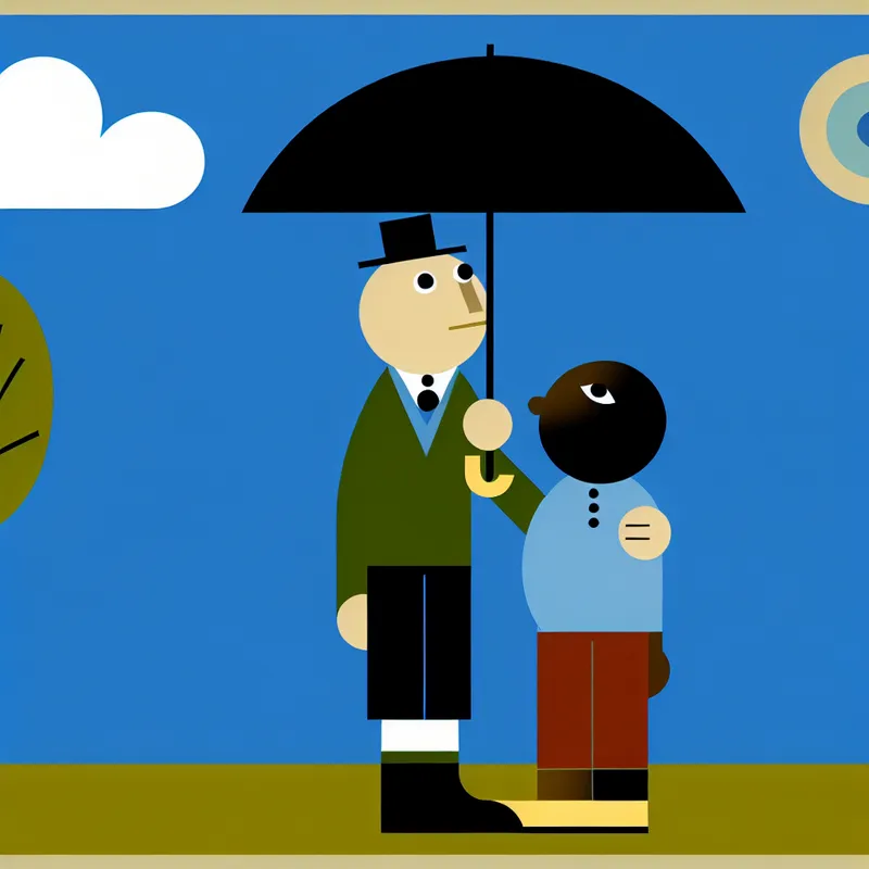 Twee eenvoudige figuurtjes onder een blauwe lucht, waarbij de een een paraplu vasthoudt en de ander troostend een hand op de schouder legt, symboliserend vertrouwen en verwachting